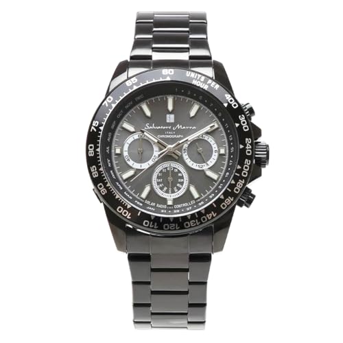 サルバトーレマーラ 電波ソーラー クロノグラフ タキメーター 腕時計 Salvatore Marra SM24108 曜日 日付 カレンダー (オールブラック)